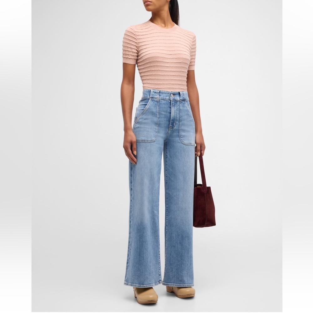 Frame Denim Pink Ribbed Smocked Fitted Short Sleeve Tee Small - Picture 3 of 7